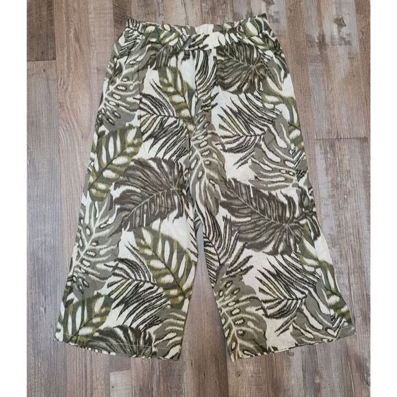 TAHARI Floral Cropped Wide-Leg Linen Pull On Pants Women’s Size Medium Pockets - Picture 1 of 8